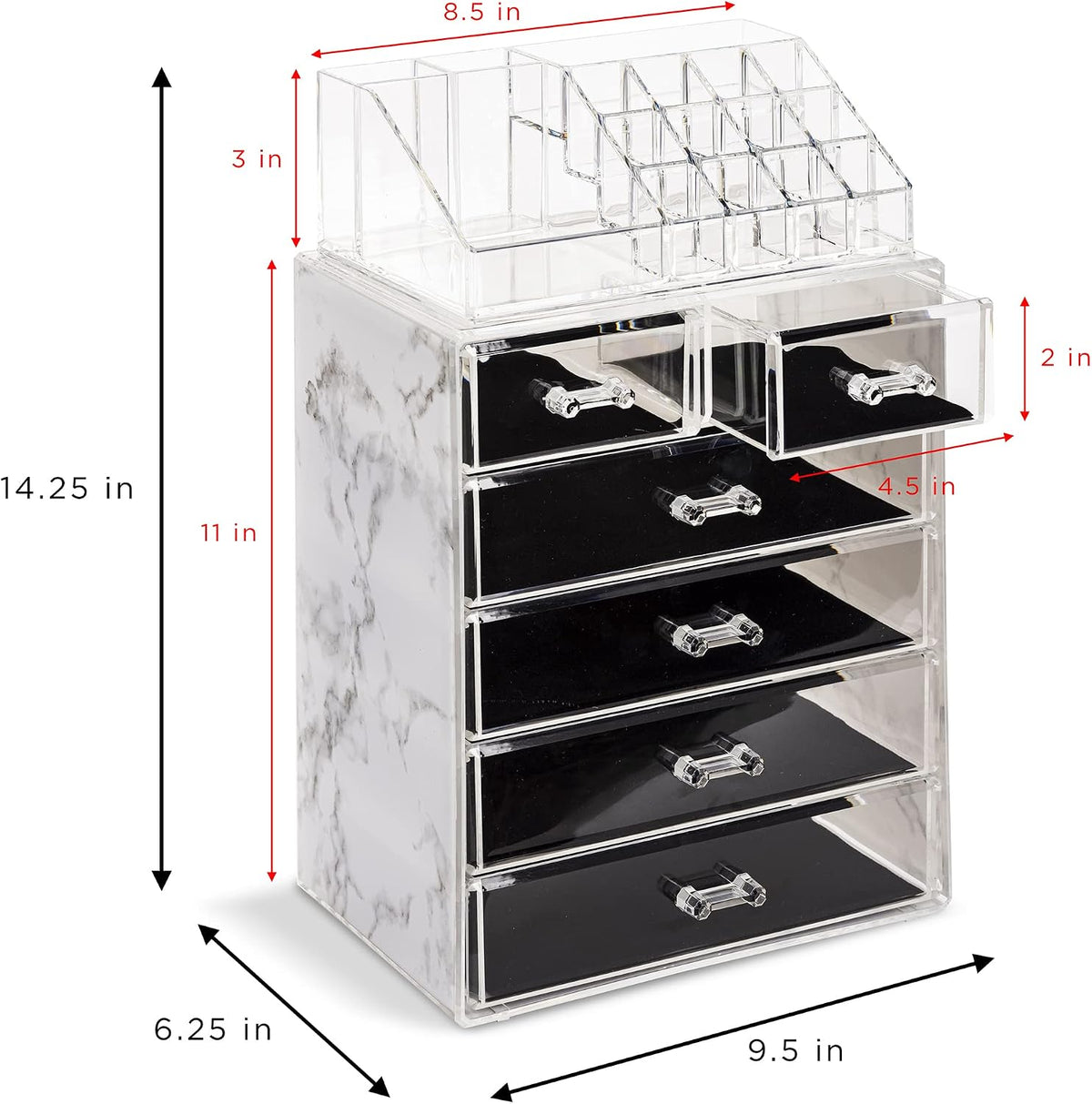 Sorbus Makeup Organizer, 6-Drawer Acrylic 2-Piece Set (Marble Print)