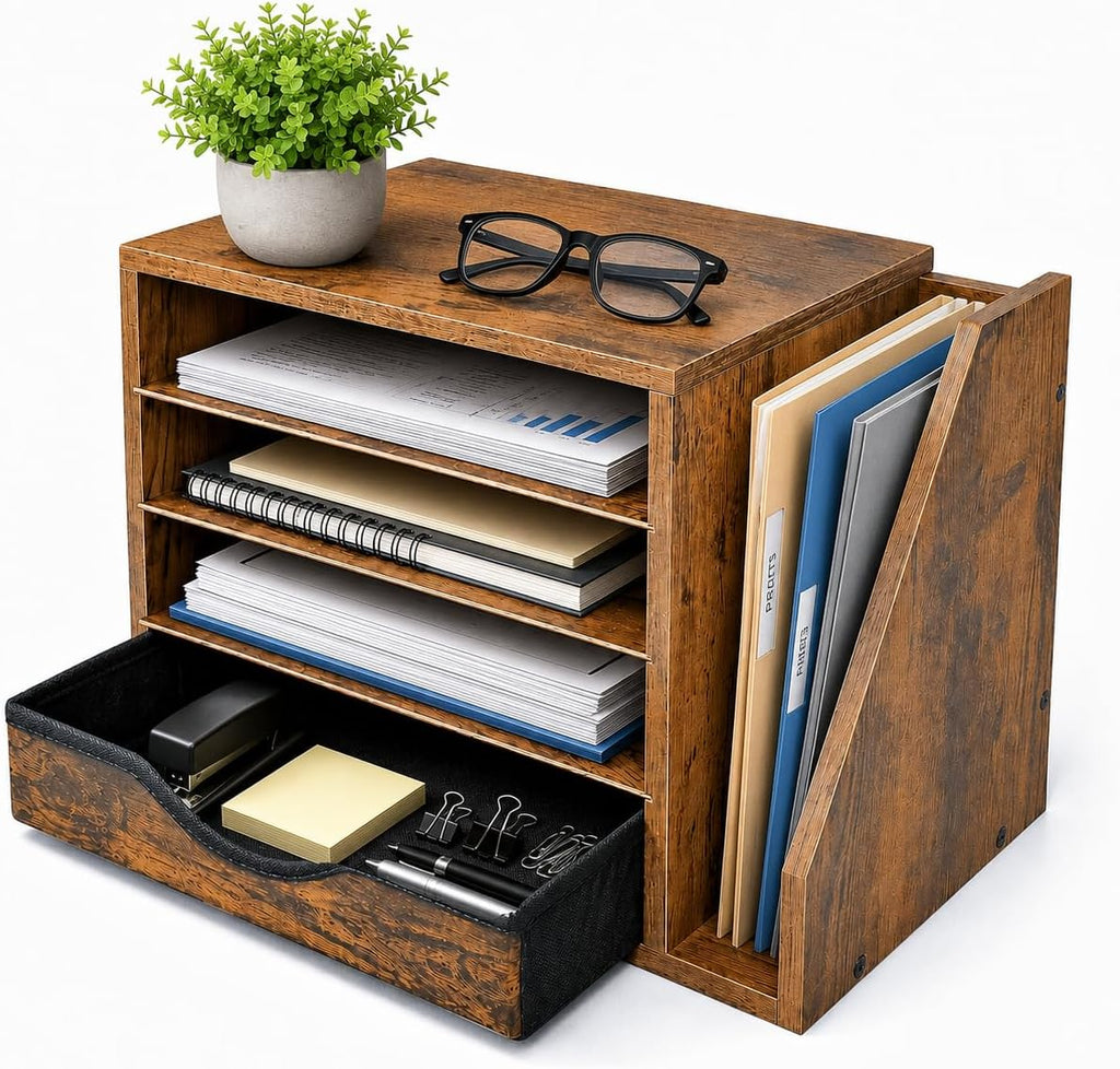 wooden desk organizer with drawers, office paper mail shown in use