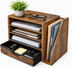 wooden desk organizer with drawers, office paper mail shown in use