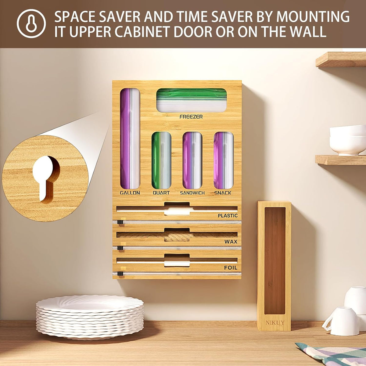 9 IN 1 Bamboo Foil and Plastic Wrap Organizer for Kitchen Drawer, Plastic Bag...