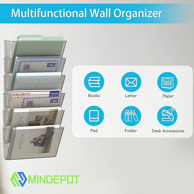 MINDEPOT 6 Pockets Acrylic Wall File Organizer, Plastic Hanging Wall File Holder - Image 7