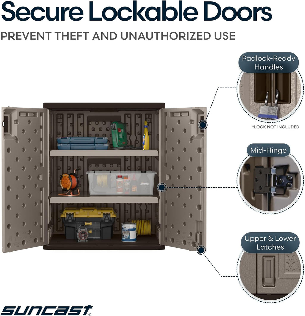 suncast 9 cu ft base storage cabinet, lockable, package contents