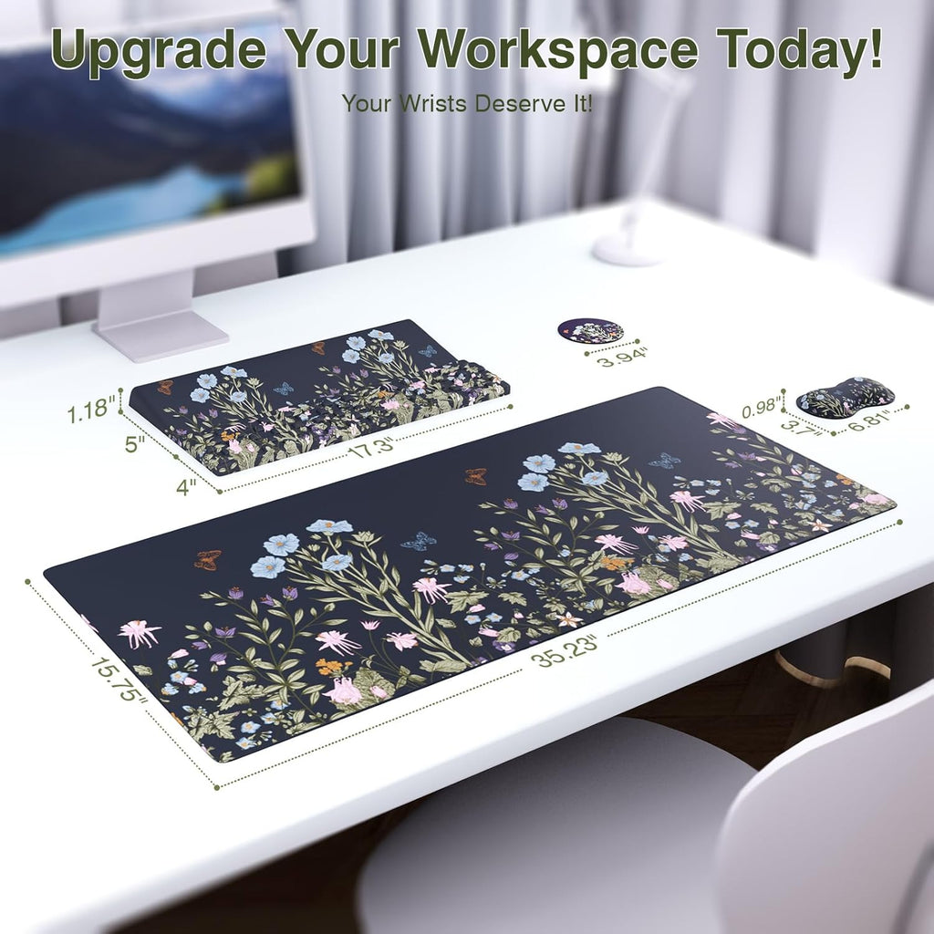 Ospelelf Keyboard Wrist Rest Stand Pad and Ergonomic Mouse Pad Set with Large Mousepad, Memory Foam Comfort, Premium Office Desk Accessories for Pain Relief, Moonlit Blossoms