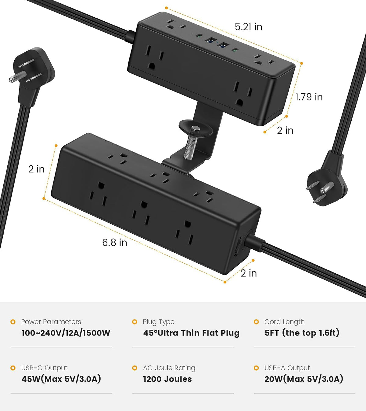 VILONG Dual Layer Desk Clamp Power Strip, 13 Outlets, 45W USB-C, 5FT Cord