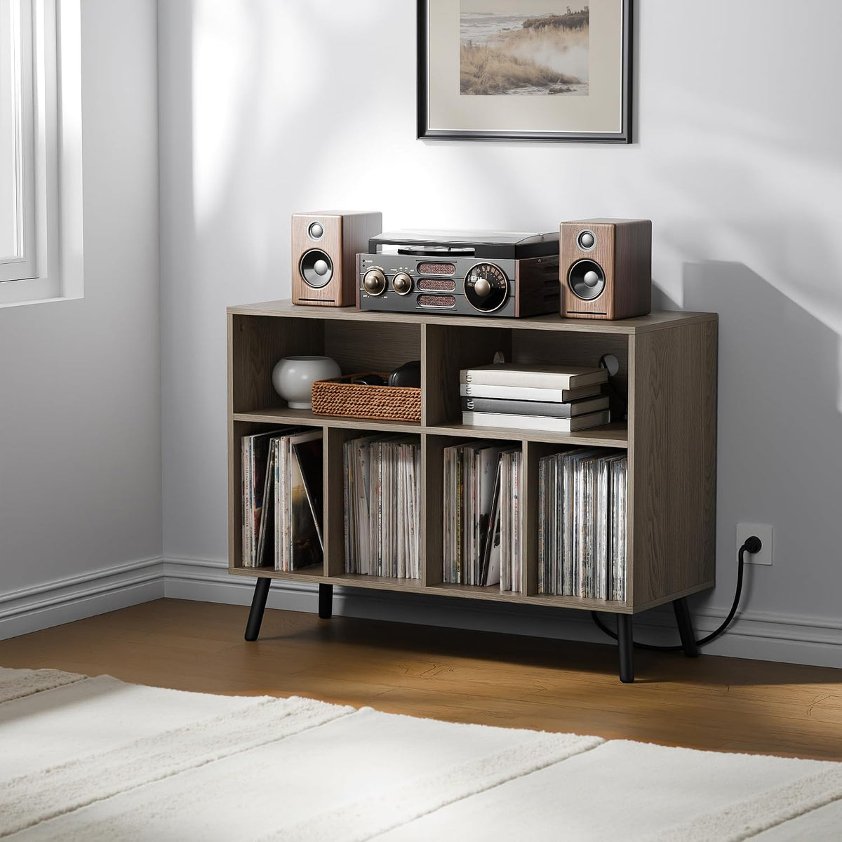 Cozy Castle Record Player Stand with Vinyl Storage Cabinet, Wood Turntable Ta...