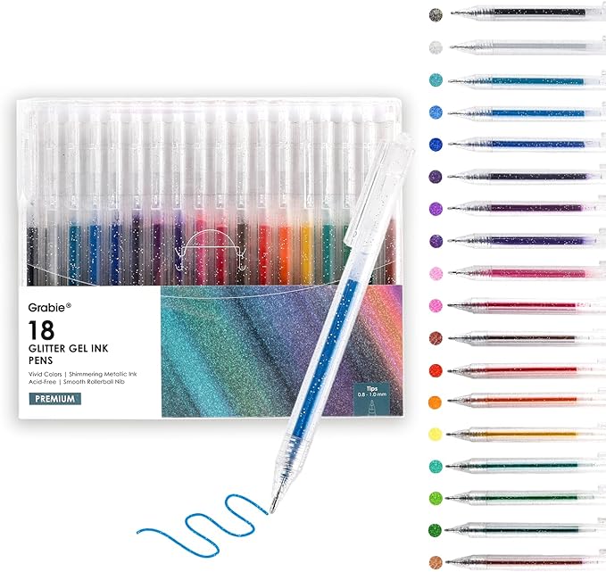 Grabie Glitter Gel Pens, 18 Colors Metallic Glitter Pens & Gel Ink Pens by Grabie