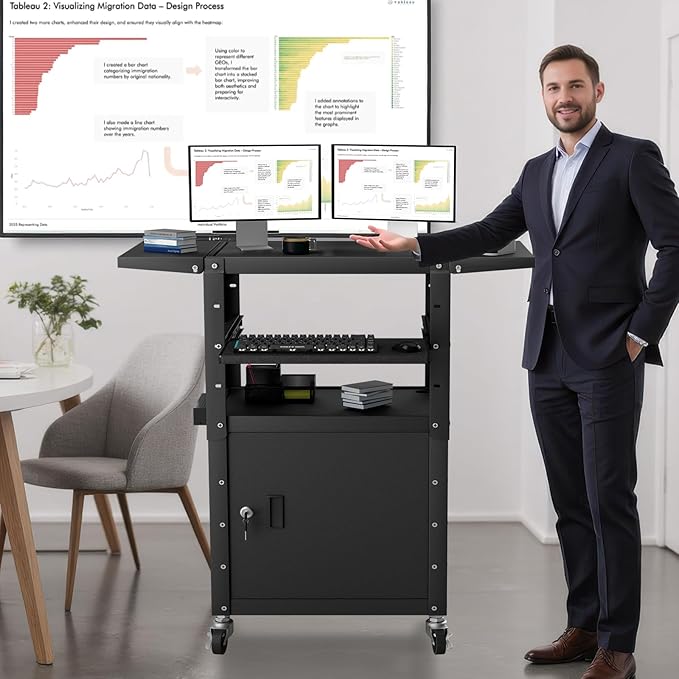 Mobile AV Cart with Pullout Keyboard Tray, Rolling Computer Cart Height - Image 6