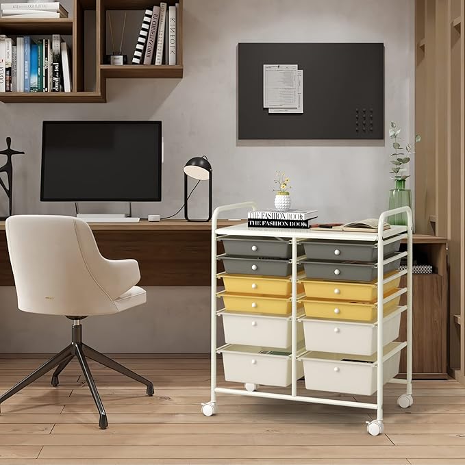 Happygrill 12-Drawer Rolling Storage Cart, 2 Sizes Plastic Drawers & Metal Shelf - Image 2