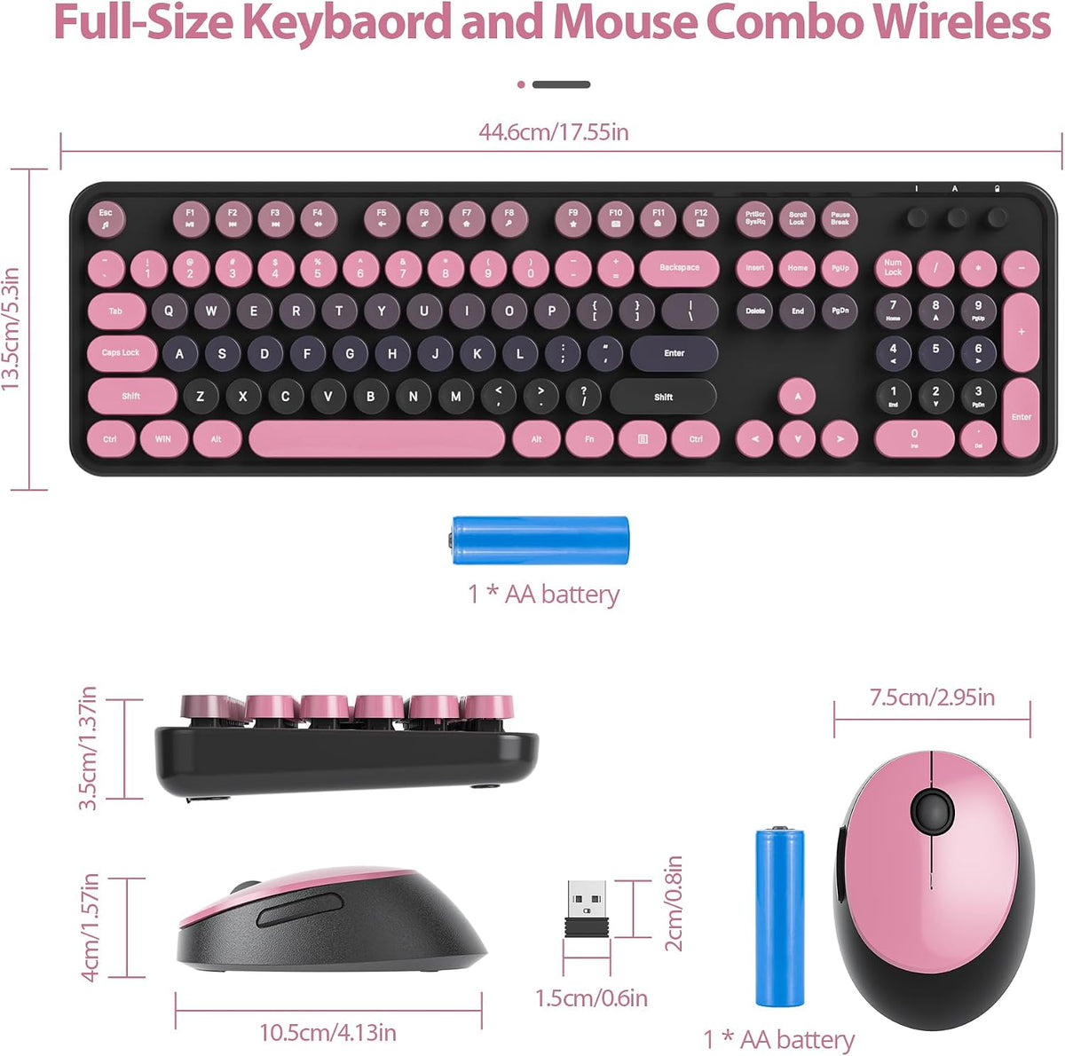 Pink Wireless Keyboard and Mouse, Cute Keyboard and Mouse Combo, Full Size Ty...