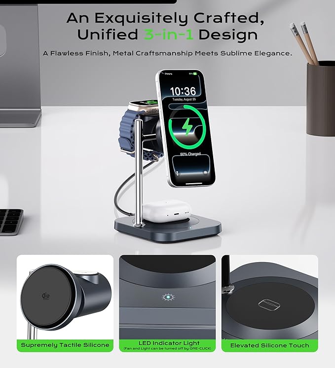 Gumosh Qi2.2 Charging Station for Apple, 25W 3 in 1 Magsafe Charger Stand - Image 7