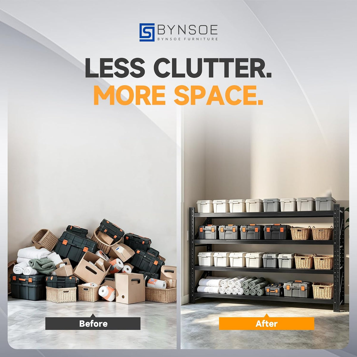 bynsoe heavy duty shelving unit 71''w, garage shelving, side view