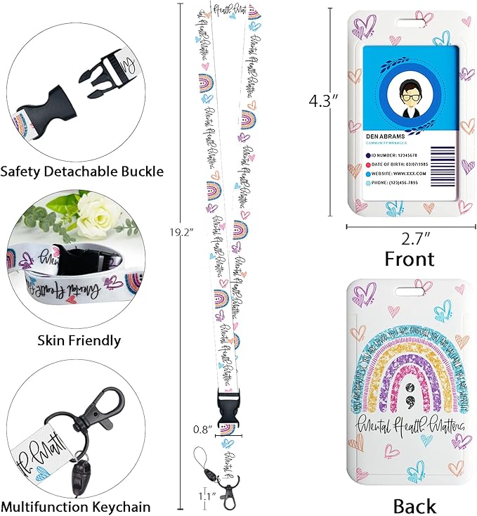 Cute Rainbow Lanyards for Id Badges, Mental Health Matters Badge Reel Heavy Duty - Image 4