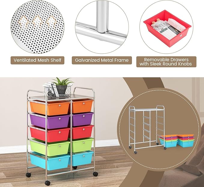 LDAILY 10 Drawer Rolling Cart, Storage Cart Organizer on Wheels, Drawer Cart - Image 7