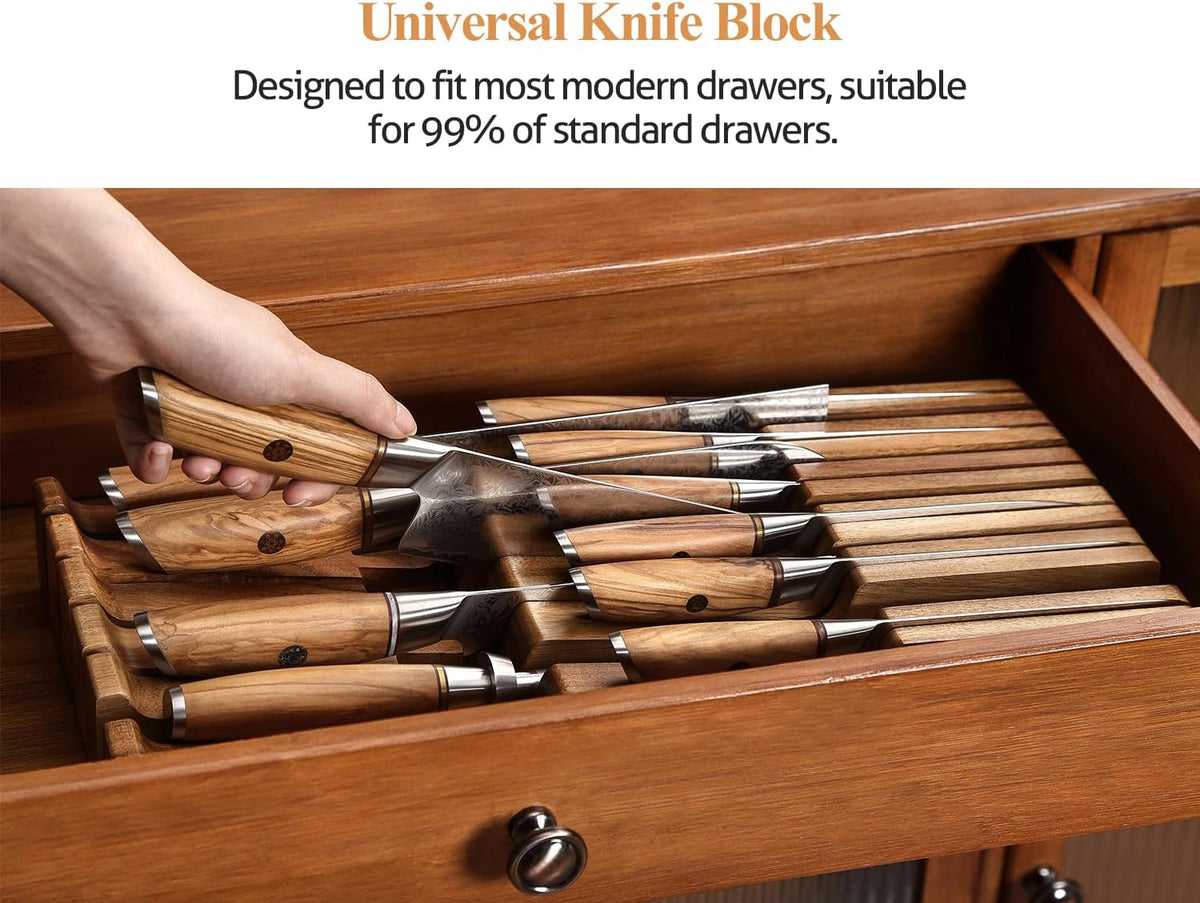 XINZUO In-drawer Knife Block, Natural Acacia Knife Drawer Oganizer, Insert-Ki...