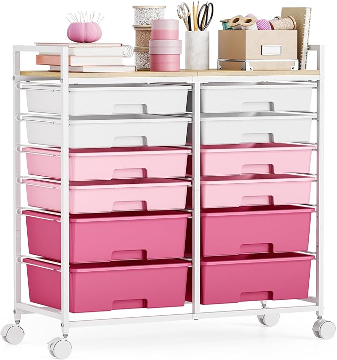 Rolling Storage Cart with 12 Drawers, Wooden Tabletop Utility Cart by TOOLF