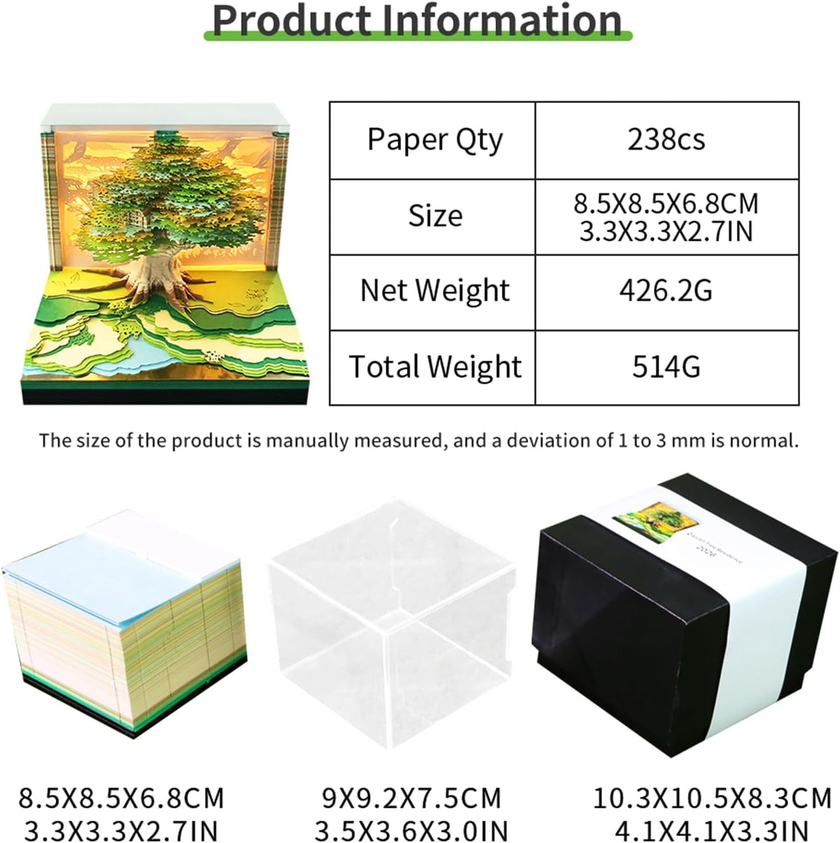 3D Time Piece Calendar, 2027 Desk Calendar With LED Light, 3d Tree Memo Pad C...
