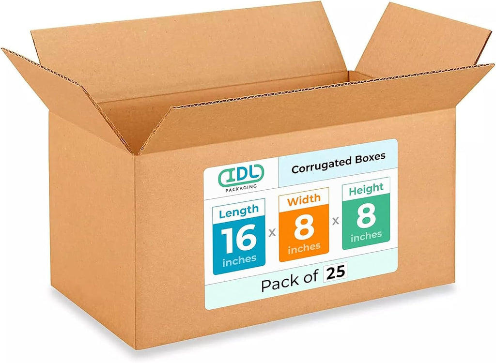 IDL Packaging - B-1688-25 Medium Corrugated Shipping Boxes 16"L x 8”W x 8"H -