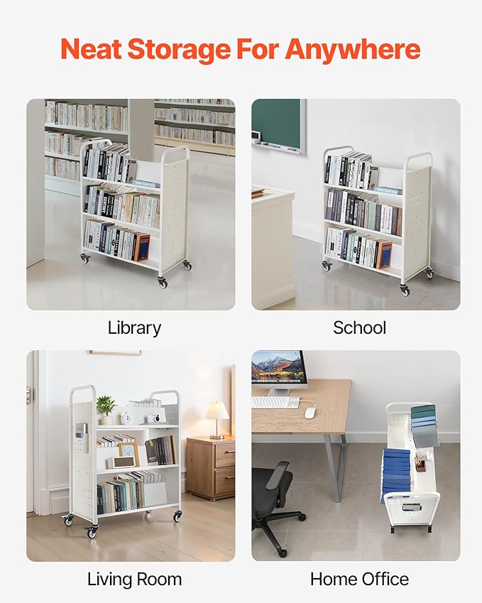 VEVOR Rolling Library Book Cart, 330 lbs Capacity, 38.2 x 20.3 x 48.2-Inch - Image 8