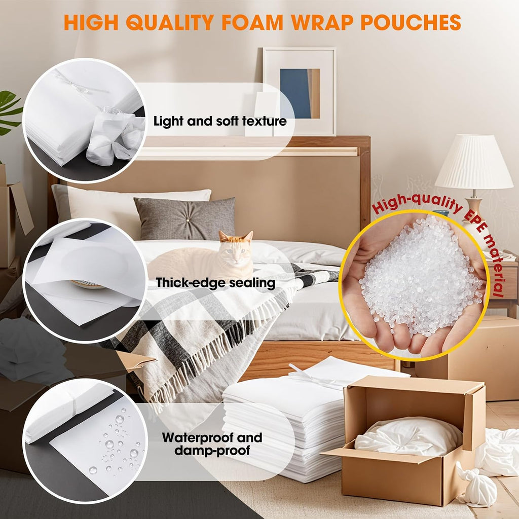 EPHECH 100PCS 12" x 12" Cushion Foam Pouches for Moving & Packing | Double-Layer PO Films Foam Pouches | Reusable Cushion Bags for Moving, Shipping, Dishes, Books, Frames & Fragile Items