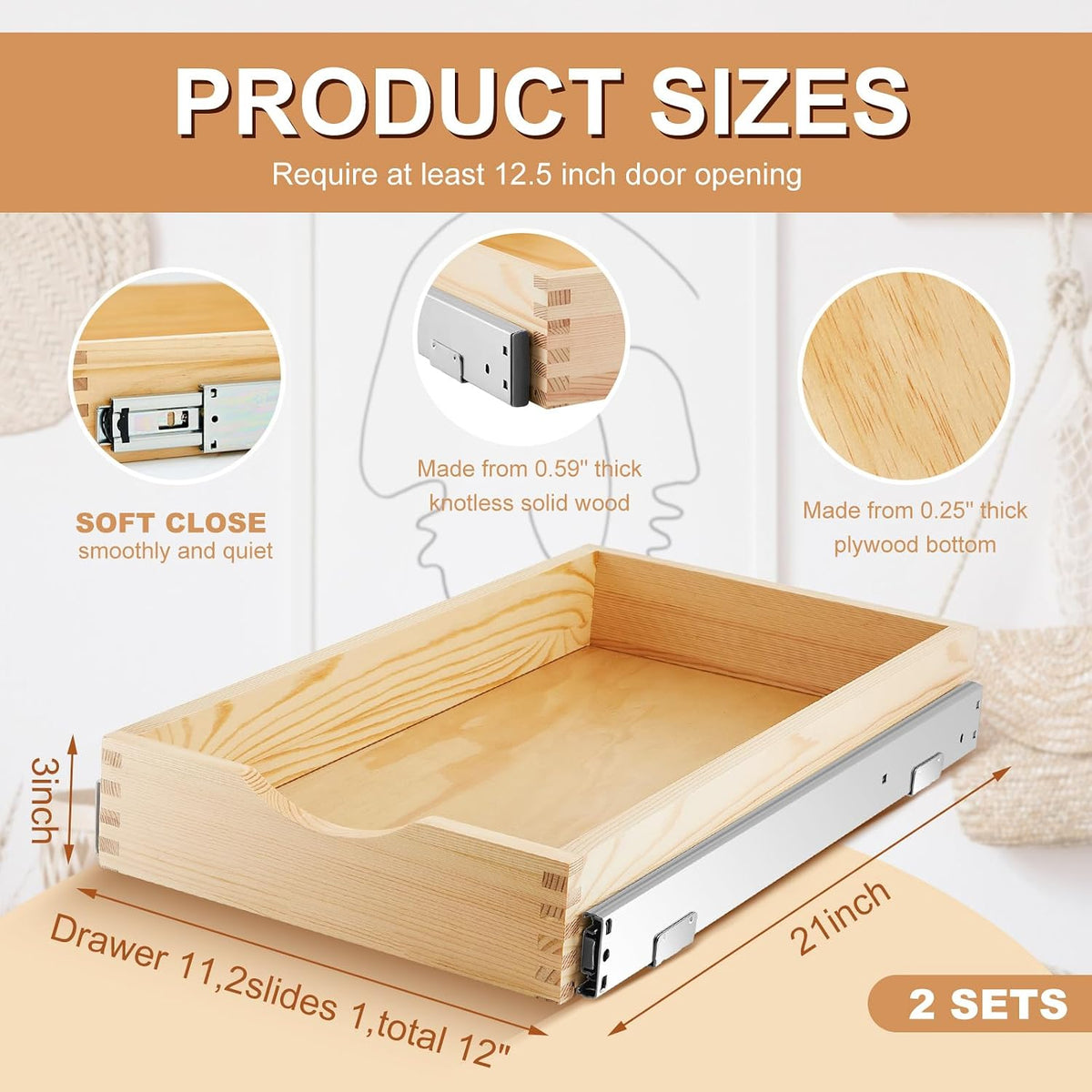 Menkxi 2 Set Wood Pull out Cabinet Organizer, Wood Color, 12'' X 21&#...