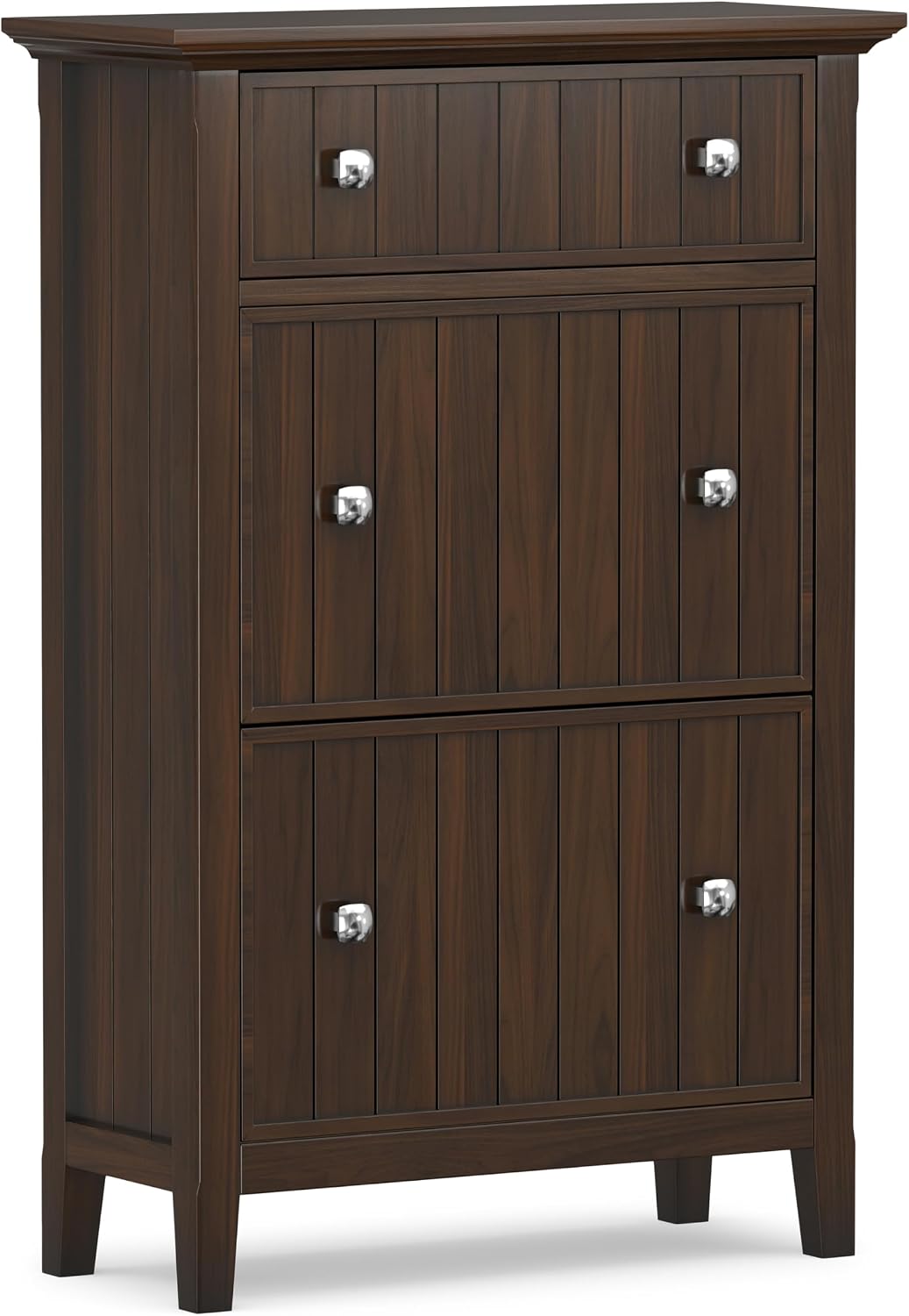 SIMPLIHOME Acadian 32" Wide Solid Wood Shoe Cabinet in Brunette Brown