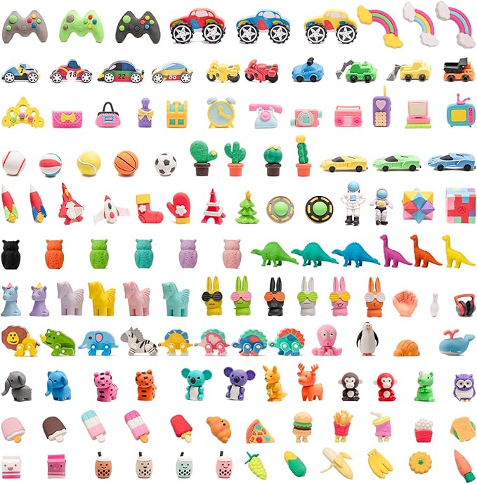 CLOCK KING 132pcs 3D Cute Kids Erasers, Random Desktop Pet Toys Gifts, by CLOCKKING