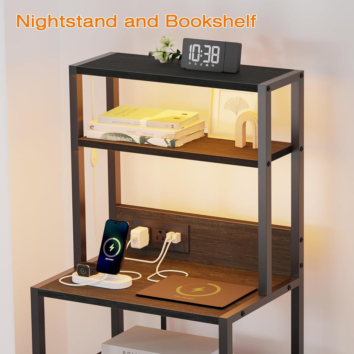 Furnulem Night Stand, Tall Nightstand with 4-Tier Shelves, 2 Fabric Drawers