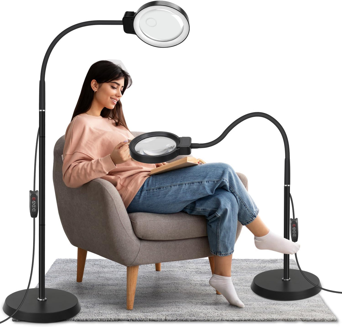 10X/30X Magnifying Glass with Light and Stand, 2-in-1 Magnifying Floor Lamp w...