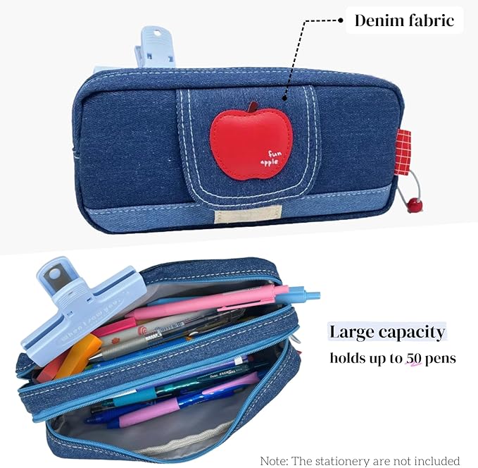 Haumei Canvas Pencil Case Large Capacity, Big Denim Pen Pouch - Image 3