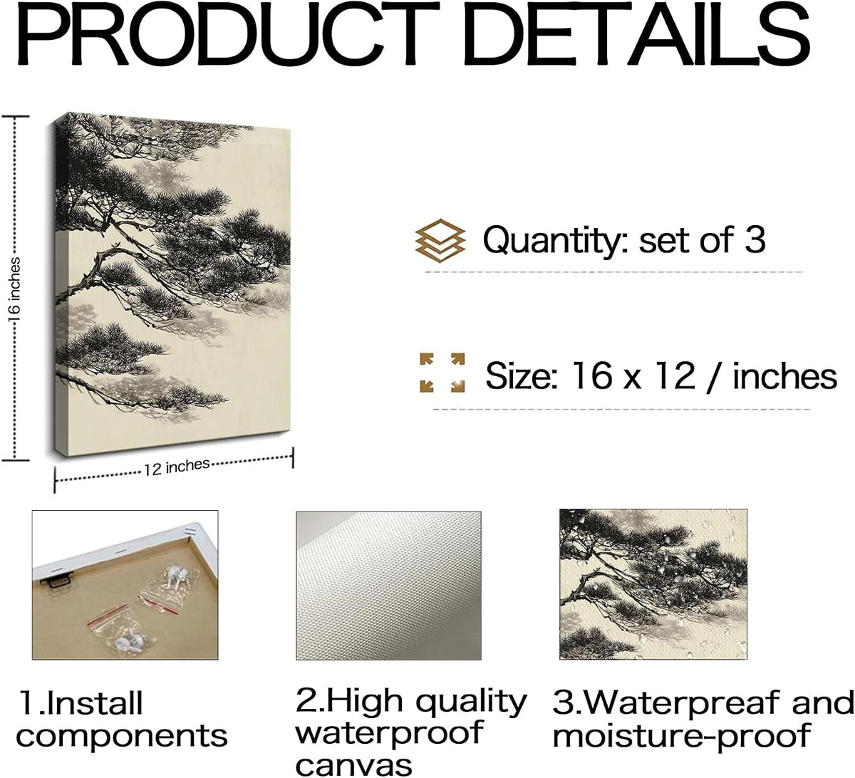 frimeeme vintage sketch pine tree framed canvas wall, close-up detail