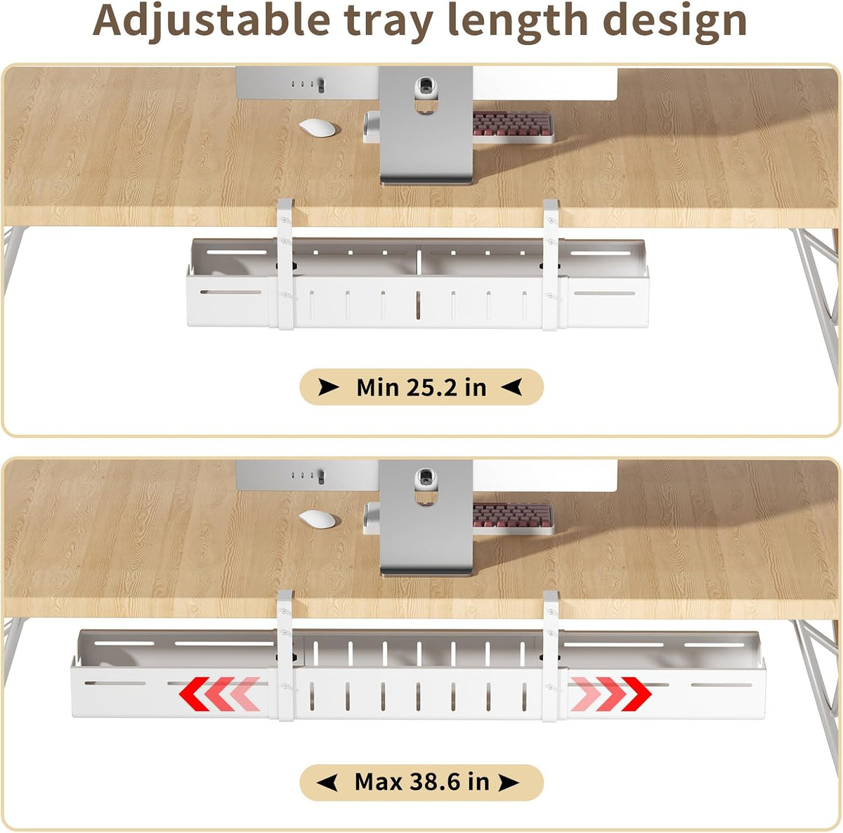 Under Desk Cable Management Tray,Expandable 25.2" – 38.6",White