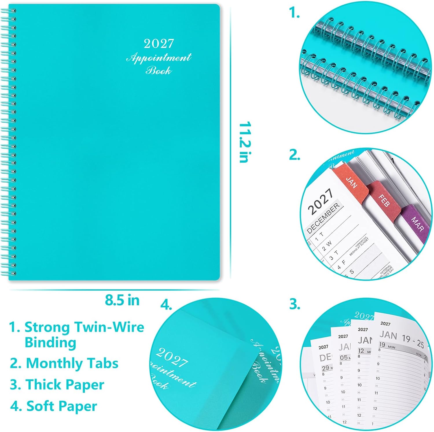 2027 Weekly Appointment Book & Planner - Daily Hourly Planner 2027, 9" x 11", January 2027 - December 2027, 30-Minute Interval, Lay - Flat, Spiral Binding, Thick Paper - Teal Green