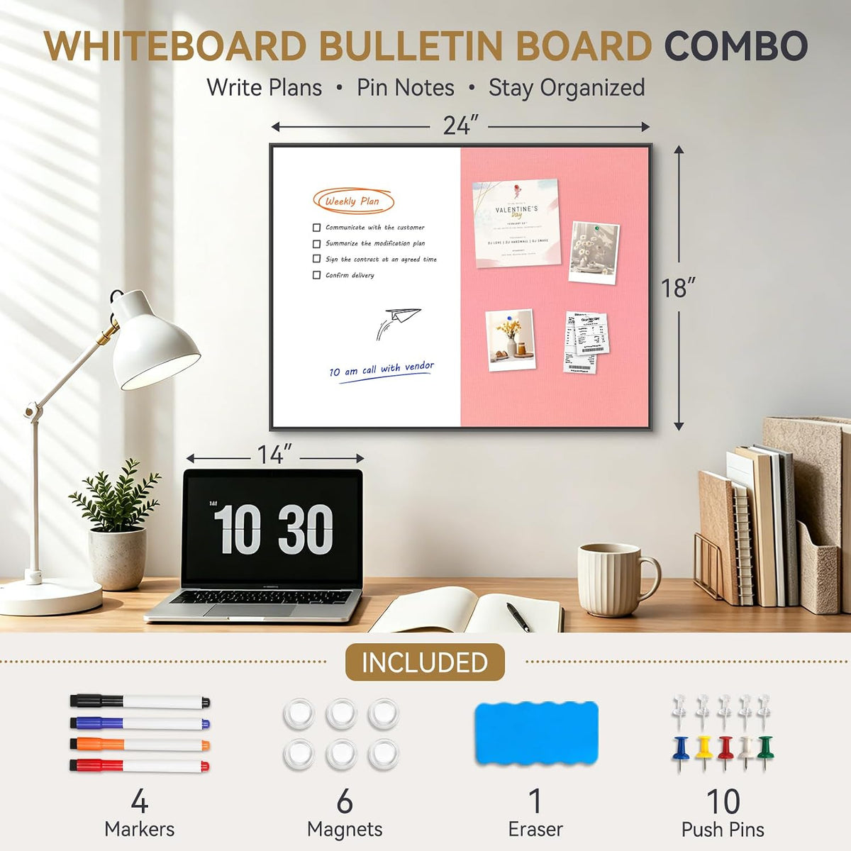 Whiteboard Bulletin Board Combo, 24"x18" Dry Erase Linen Cork Board