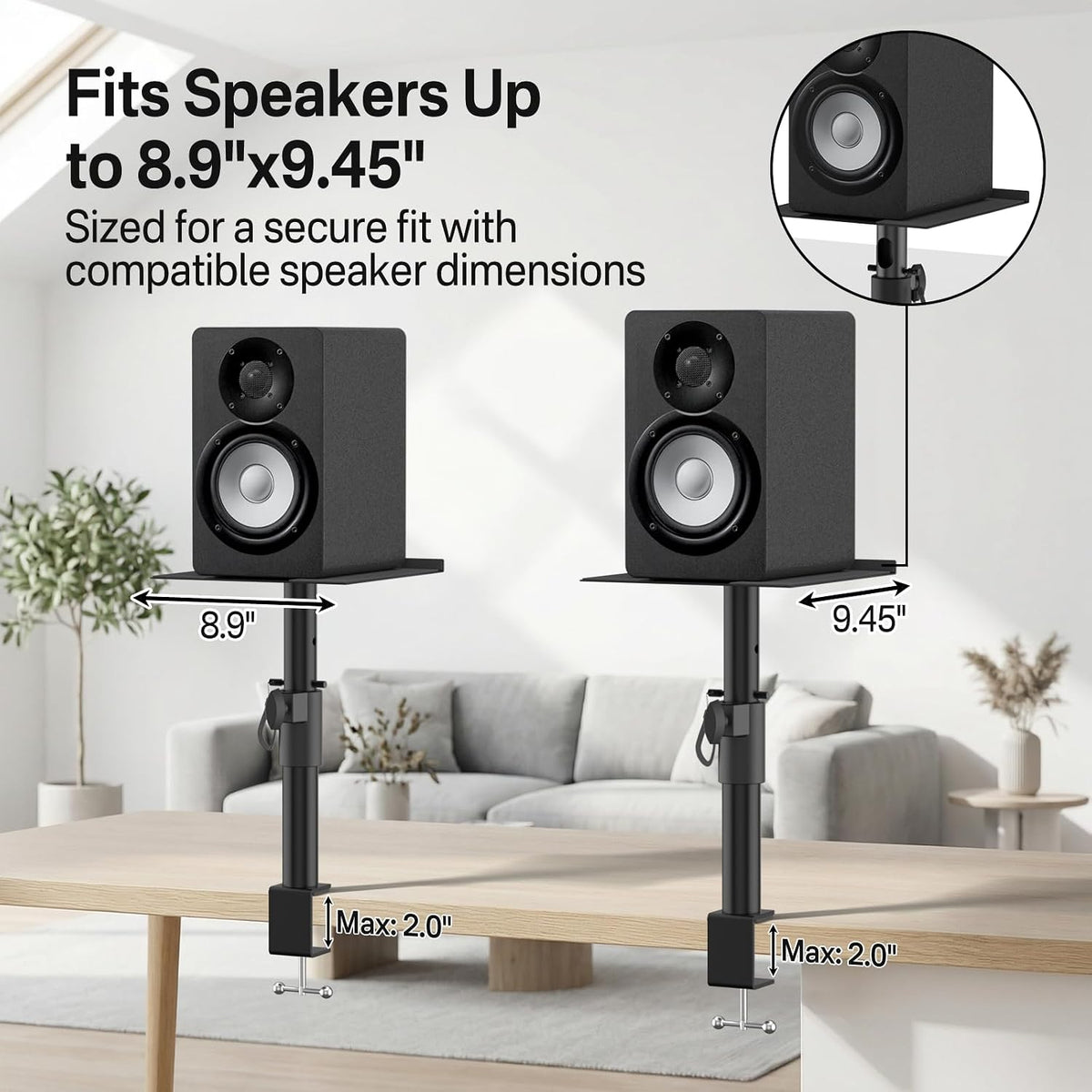 Clamp-On Desktop Speaker Stand Pair, Heavy-Duty 9.3" x 8.9 Plate for Edi...