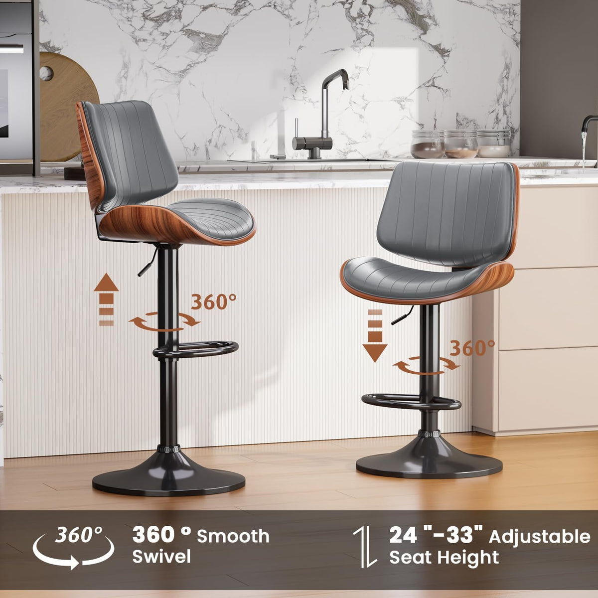 Swivel Bar Stools 4PCS, Adjustable Bentwood Barstools for Kitchen Counter