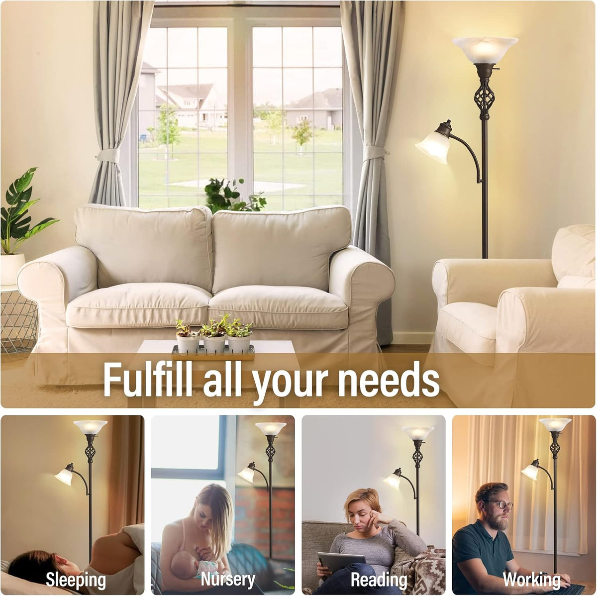 GyroVu Torchiere Floor Lamp for Living Room, LED Standing Reading Light