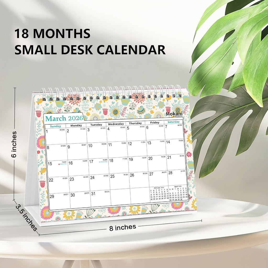 Mokani Small Desk Calendar 2026-2027, Desktop Calendar Jul.2026-Dec.2027 | 18 Months Academic Flip Standing Calender with Stickers & US Holidays Marked (8"x6")