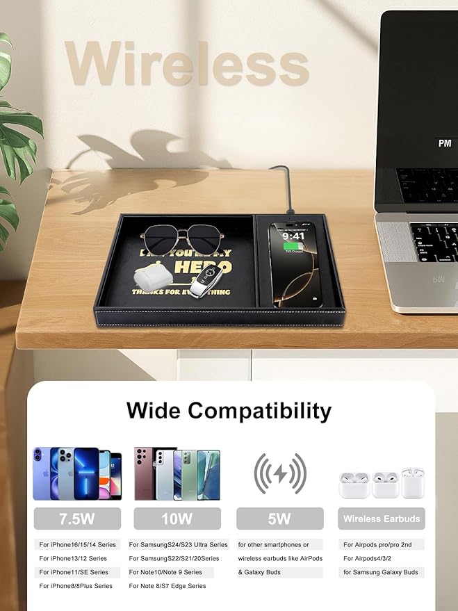 Gifts for Dad Valet Tray, Built-in Wireless Charger, Nightstand Organizer - Image 4