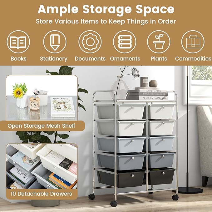 HAPPYGRILL 10-Drawer Rolling Storage Cart, Storage Organizer Cart - Image 3