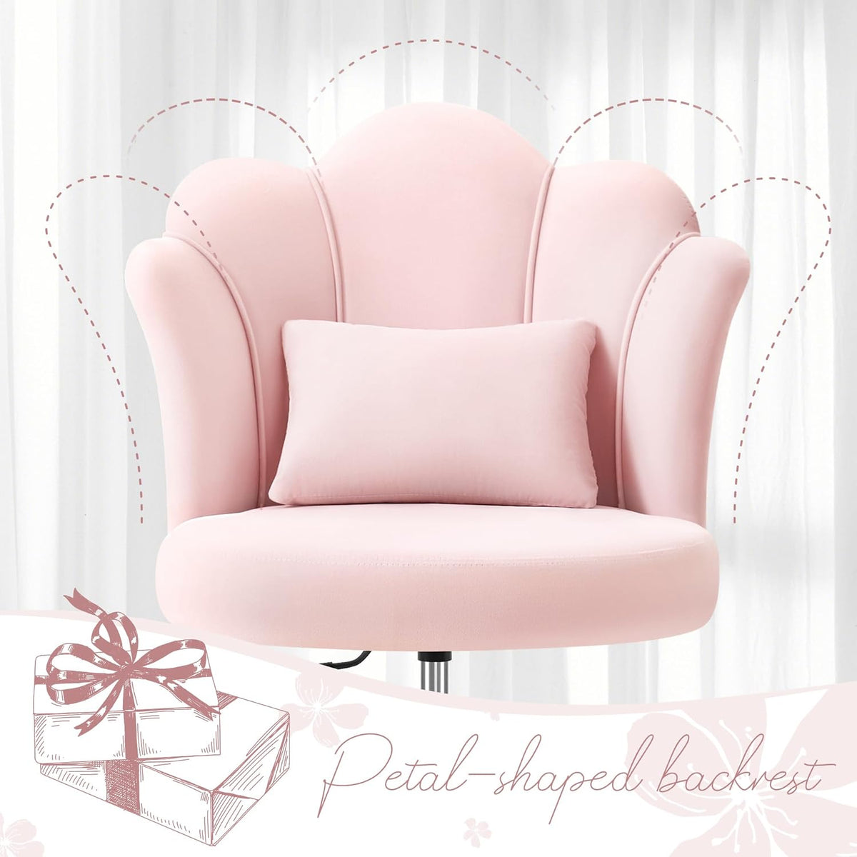 BestGlory Petal Vanity Chair with Wheels, 3.15" Extra Thick Comfy Makeup Chair, Adjustable Modern Swivel Armless Desk Chair for Girls Women, Aesthetic Small Office Chair for Bedroom Dorm, Pink