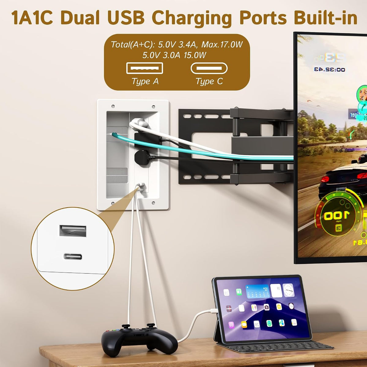 Plug'n in Wall Cable Management Kit,Recessed TV Wall Box with 3 AC Outlet...