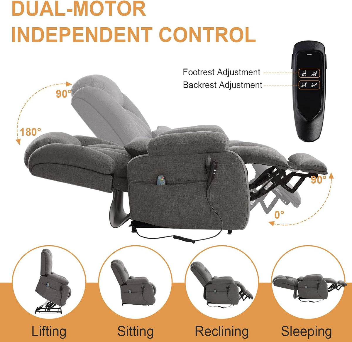 Dual Motor Infinite Position Power Lift Recliner Chair for Elderly, Grey