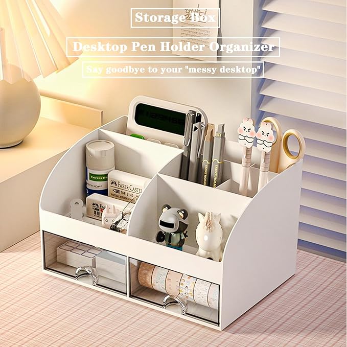 Desk Organizer with 6 Compartments and 2 Drawers, Plastic Makeup Organizer - Image 5