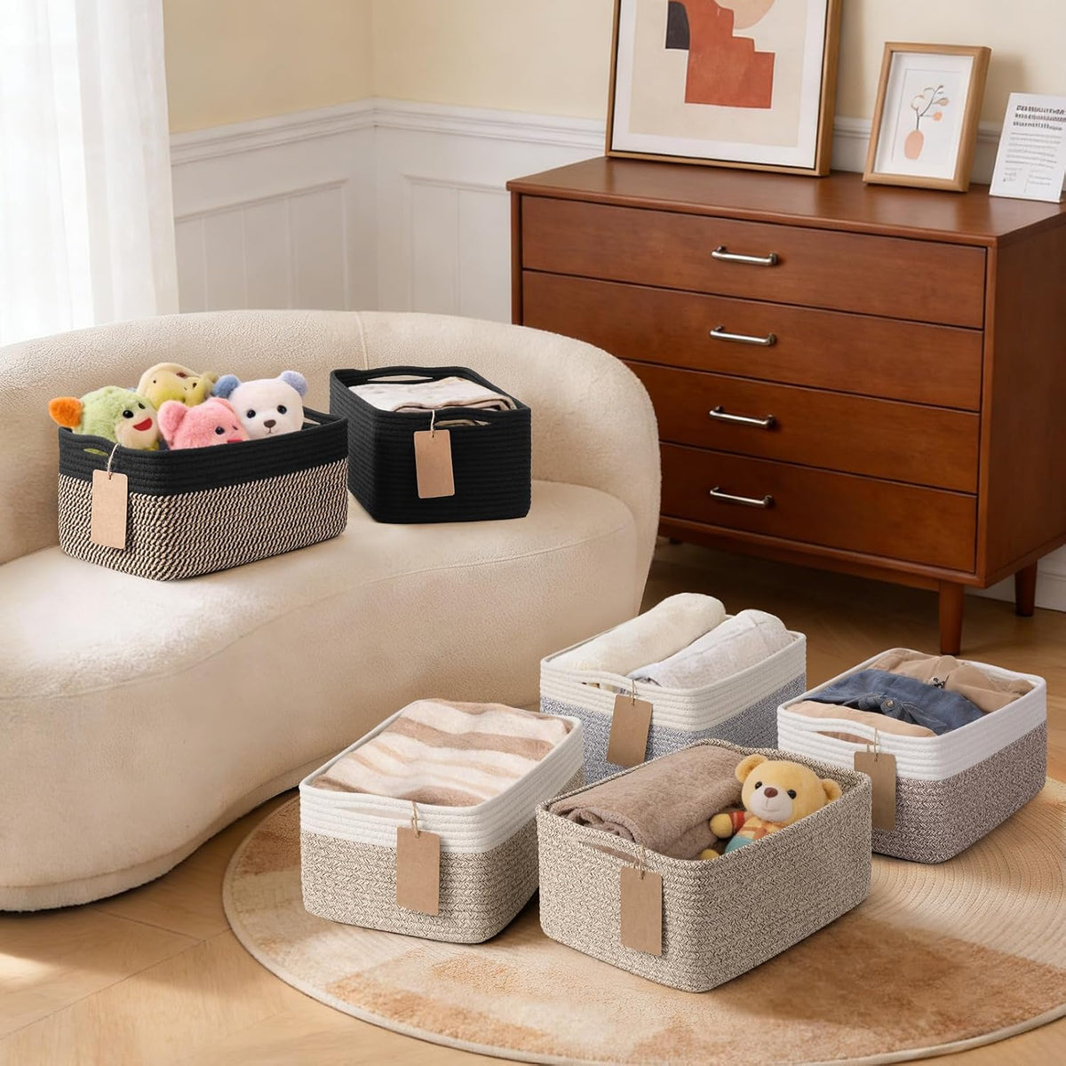 Goodpick 4 Pack Storage Baskets for Organizing Shelves, Gray & White