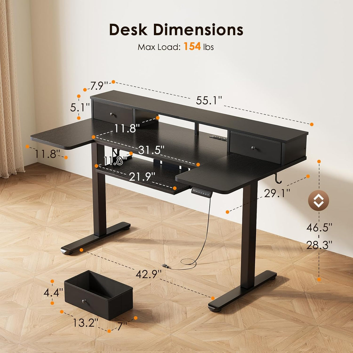 OffiGo 55 Inch U Shape Standing Desk with Keyboard Tray & Drawers, Black
