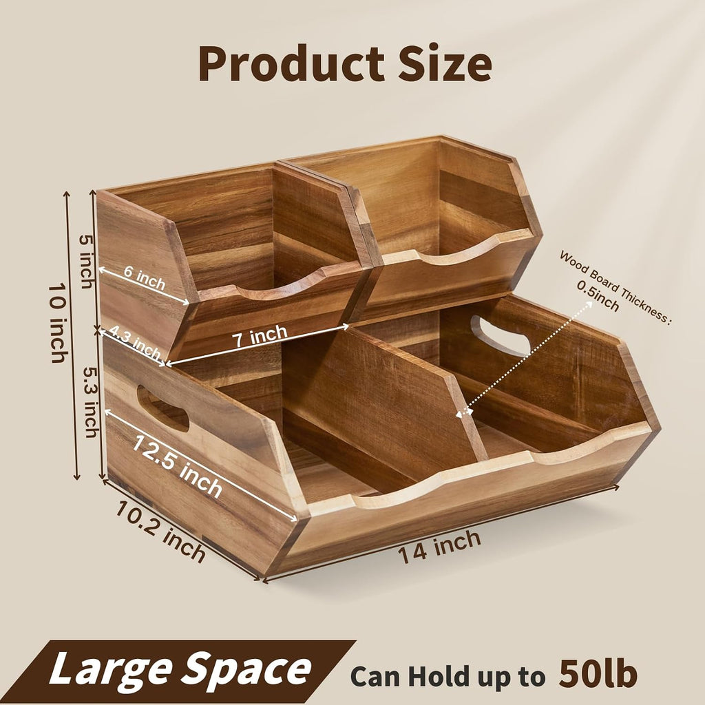 acacia wood pantry storage bins, stackable storage baskets, front angle view