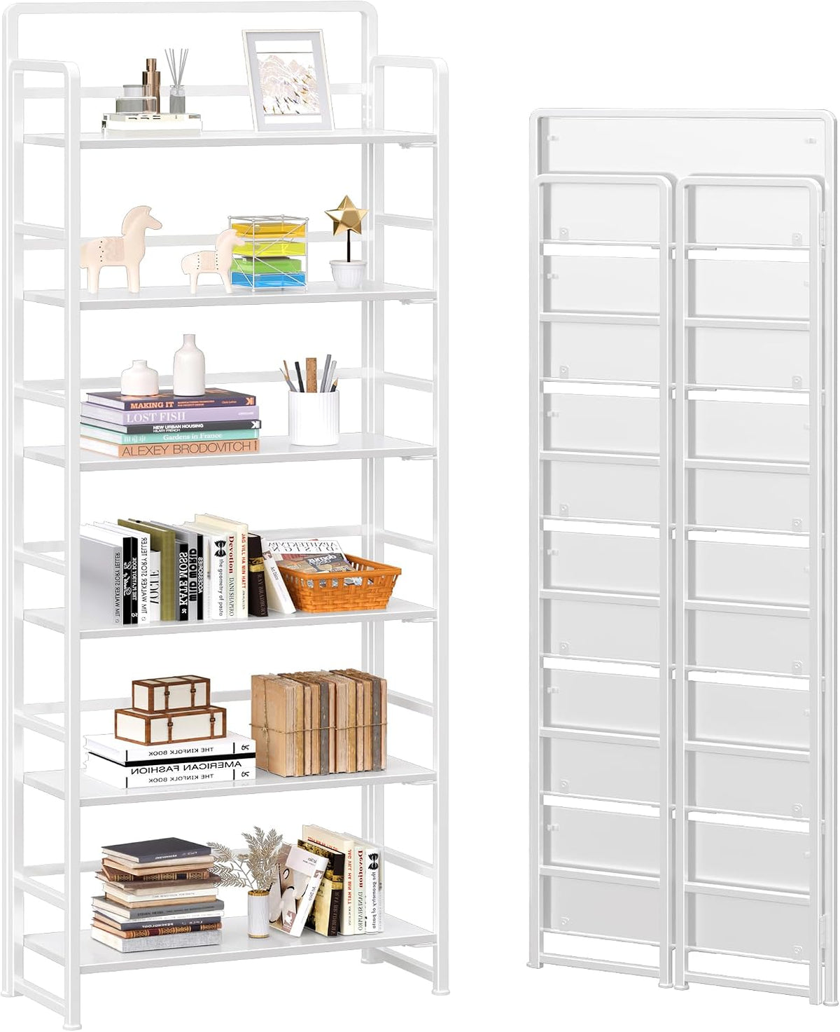 4NM No Assembly 6 Tiers Folding Bookshelf Storage Shelves Vintage Bookcase