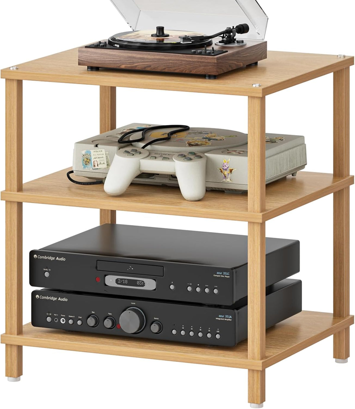3-Tier AV Media Player Stand, Natural Stereo Cabinet, Modern Audio Shelf
