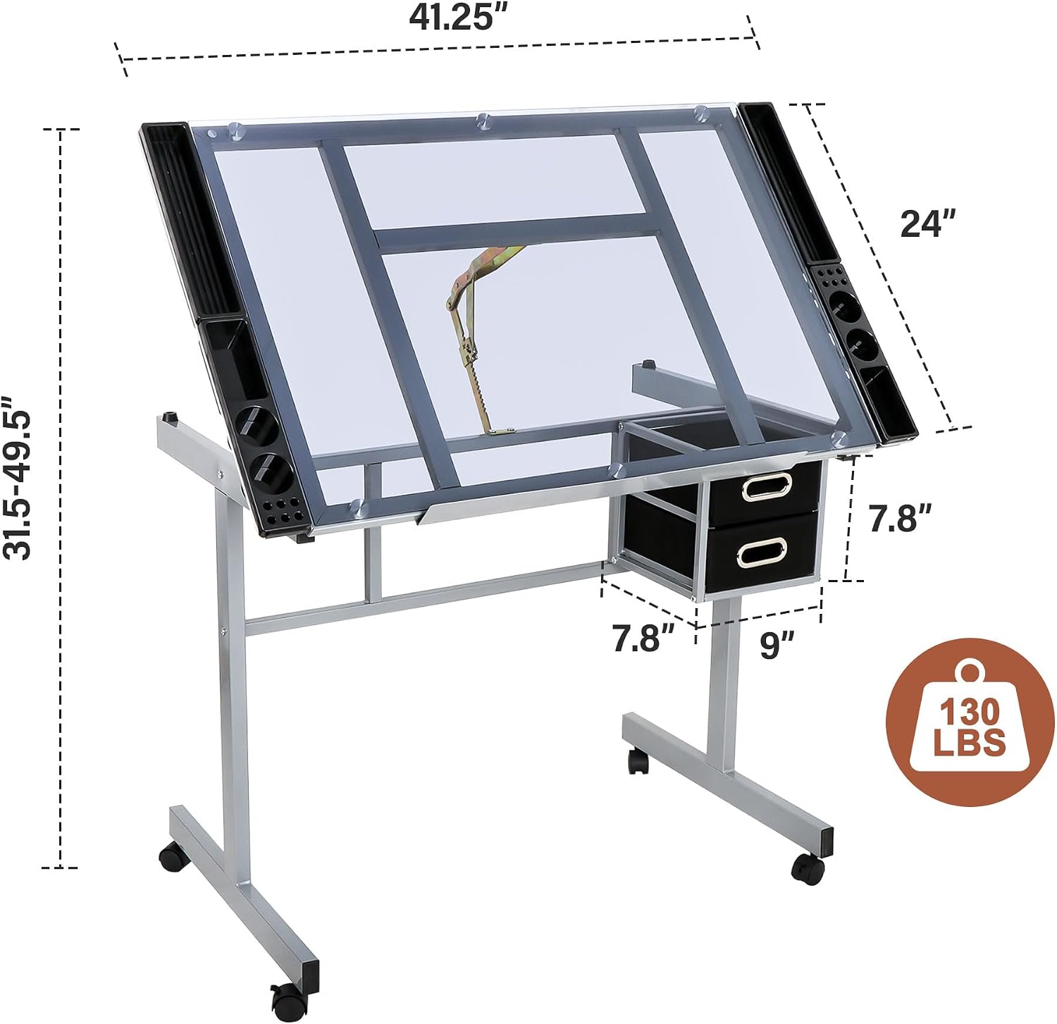 JupiterForce Adjustable Drafting Table Art Desk Drawing Table Versatile Art Craft Work Station Glass Tabletop w/2 Slide Drawers and Wheels for Reading, Writing, Painting Home Office