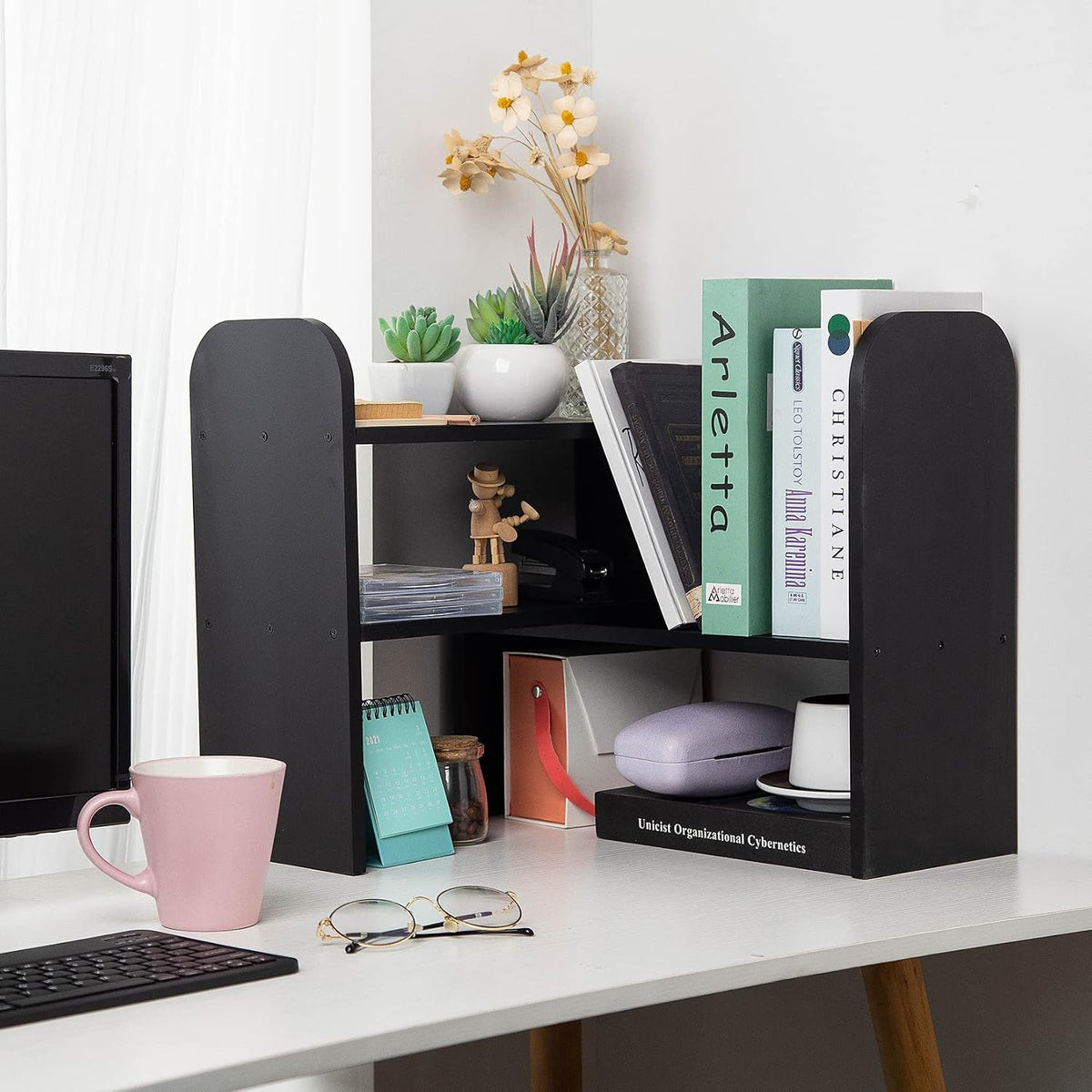 Desktop Adjustable Natural Wood Book Shelf Organizer Office Storage Rack Disp...